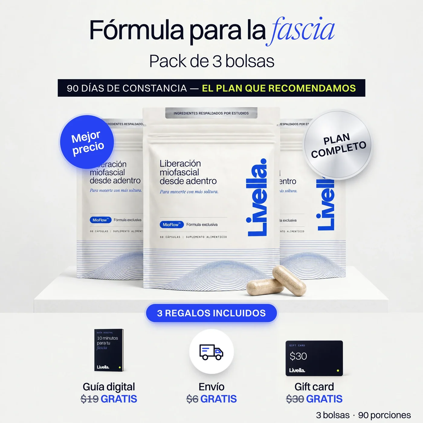 Pack de 3 bolsas con guía digital, gift card de $30 y envío gratis