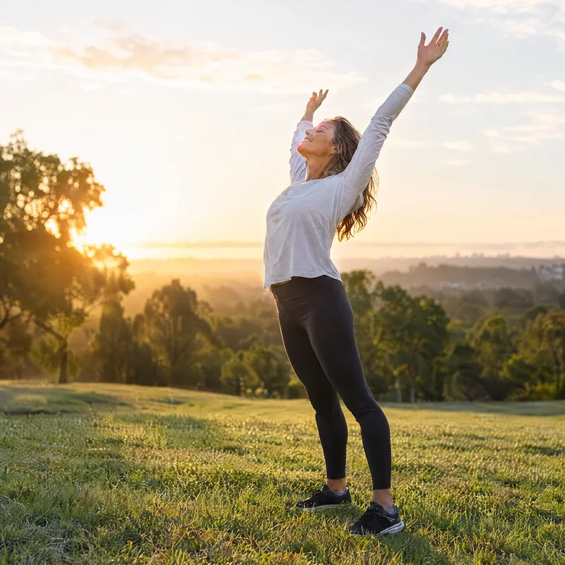 Mujer estirándose con los brazos en alto en un parque al amanecer